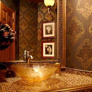 Powder Room with tile, wallpaper, sconce and chandelier lighting and tiled mirror